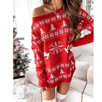2021 autumn winter new knitted sweater women ladies christmas jacquard loose knitted long sleeved long sweater dress female