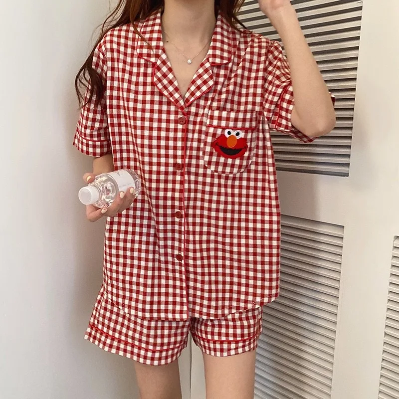 

2021 Cute Cartoon Plaid Homewear Mujer Lapel Summer Sleepwear Sleeping Tops+Shorts Pijama Elegant Girl Lovely Outerwear Clothes