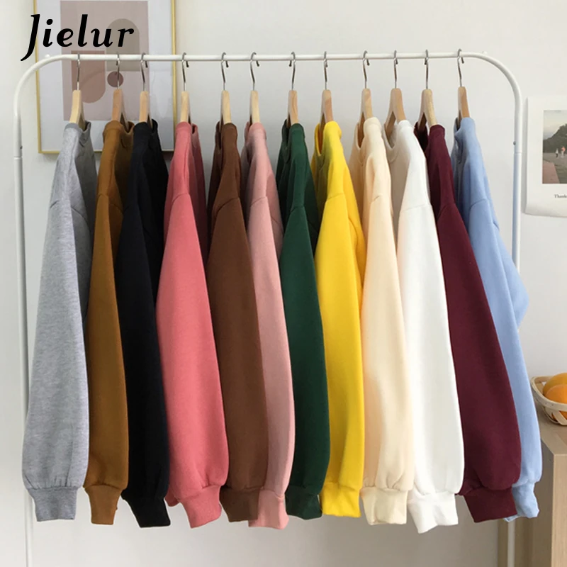Jielur 12 однотонные толстовки Джерси женские Зимние флисовые корейские Harajuku толстовки женские Kpop Kawaii черные розовые женские s пуловеры