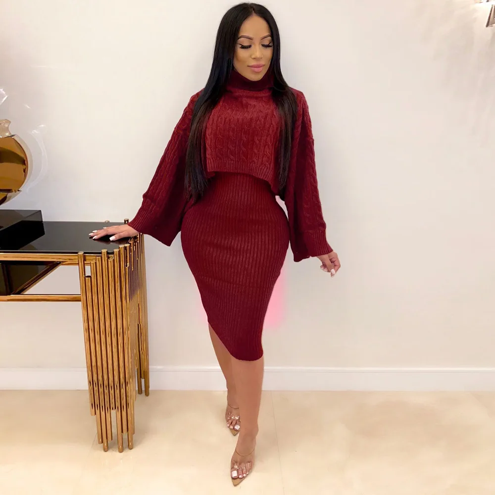Autumn Winter Knitted Sweater Two Piece Set Turtleneck Long Sleeve Loose Crop Top+ Bandage Midi Tank Dress Plus Size Tracksuit