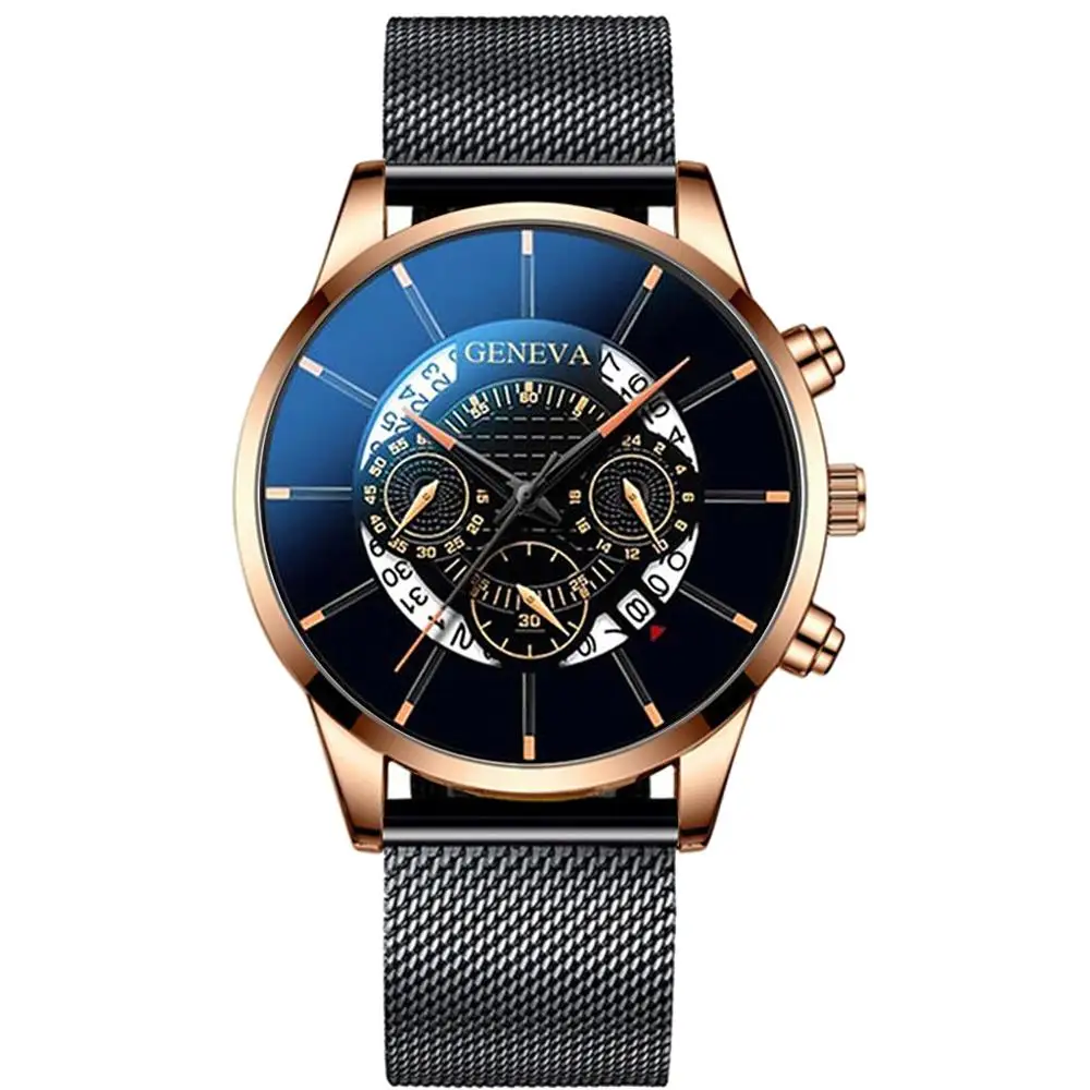 2020 Fashion Mens Business Casual Date Calendar Watches Luxury Blue Stainless Steel Mesh Belt Quartz Watch for Man Clock | Наручные часы