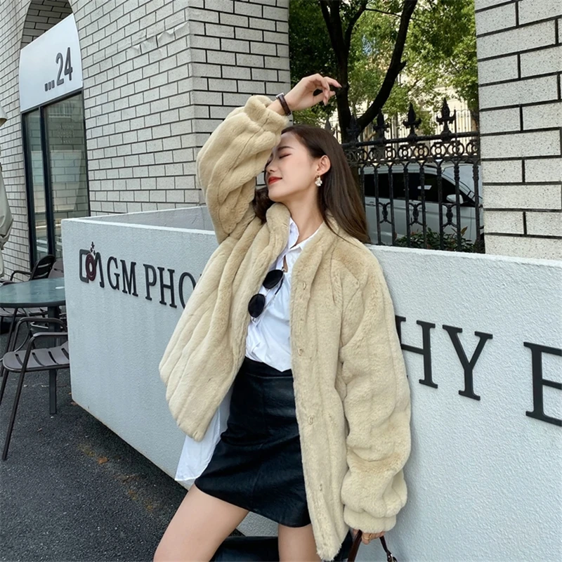 

Winter Coat Women 2020 New Solid Hooded Single Breasted Faux Rabbit Fur Jacket Warm Thick Fashion Loose Ladies Coat Women Jacket