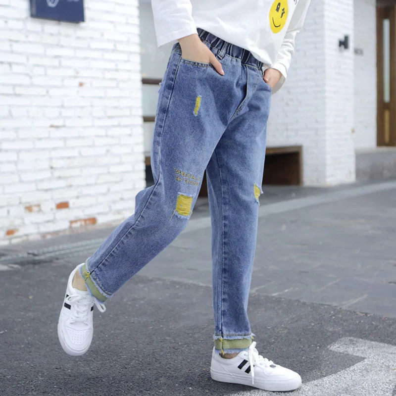 

3-14 Years Kids Jeans Girls Spring Fashion Hole Jeans Alphabet Printing Elastic Waist Jeans Girls High Quality Casual Trousers