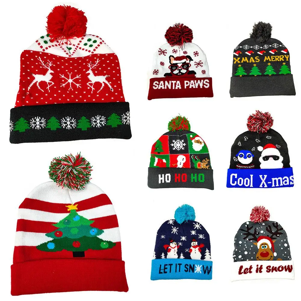 

Fashion Unisex Winter Thick Warm LED Knitted Beanie Hat with Ball Xmas Decor Casual Beanies for Men Women Knitted Winter Hat
