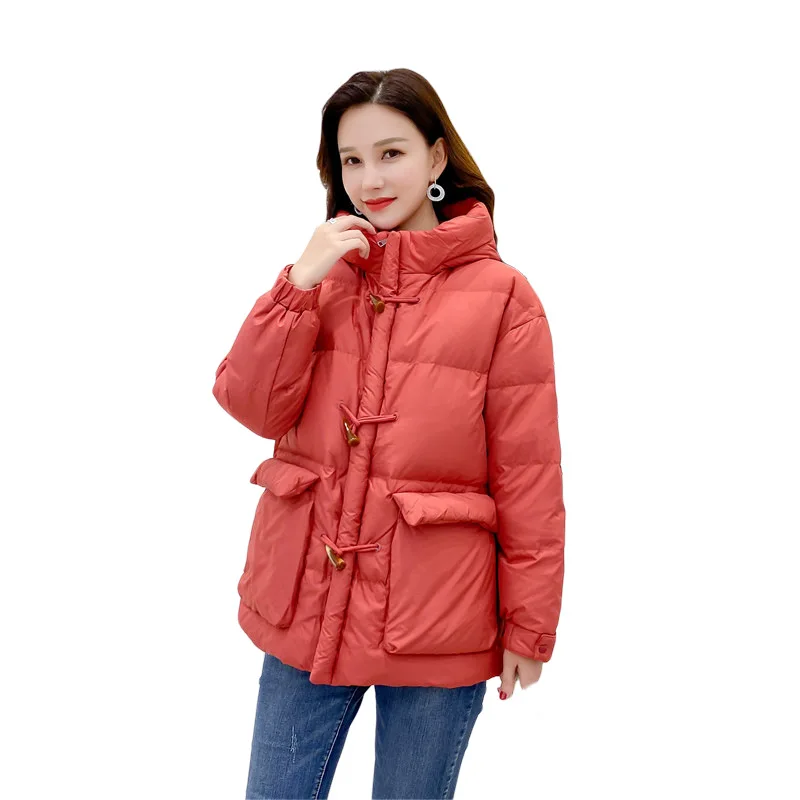 Loose bread jacket 2020 winter new horn button down jacket female 90% white duck down thick hooded warm white coats