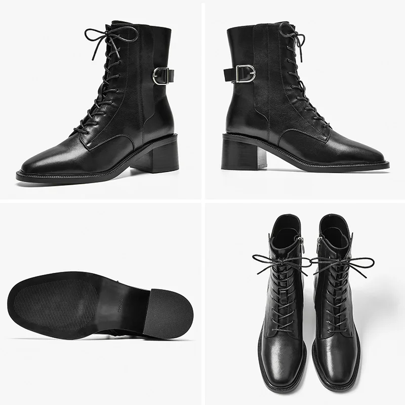 

Women High Heel Boots Genuine Calfskin Leather Square Toe Lace-Up Design Side Zipper Boots with Buckle Handmde BeauToday 03385