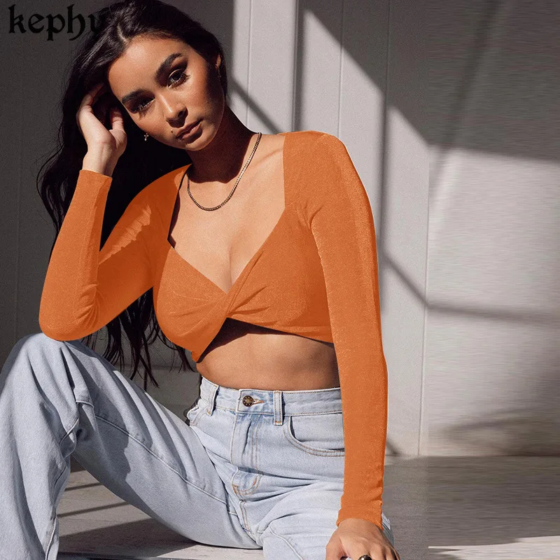 Женский летний сексуальный однотонный топ с V-образным вырезом и длинным рукавом