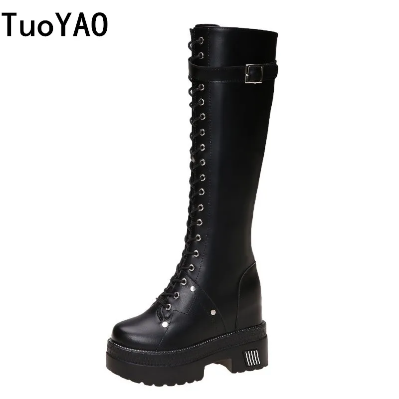 

Женские сапоги до колена на массивной платформе, модные высокие сапоги в стиле ретро и панк, женские сапоги на шнуровке, осенне-зимние сапог...