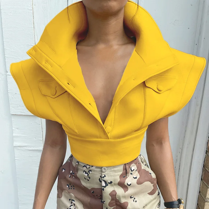 

Yellow Turn-down Collar Crop Top Women Outwear Flying Sleeve Pullover Elegant Streetwear Vest Coat Women Autumn French Fashion