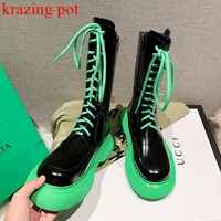 krazing pot cow leather round toe riding boots lace up european thick bottom platform med heels winter luxury mid calf boots l76