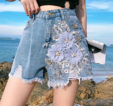 denim blue Летние модные женские широкие джинсовые шорты с высокой талией и кисточками, с цветочной вышивкой, красные, черные, женские джинсовые шорты s 5xl с жемчугом - Цвет: denim blue