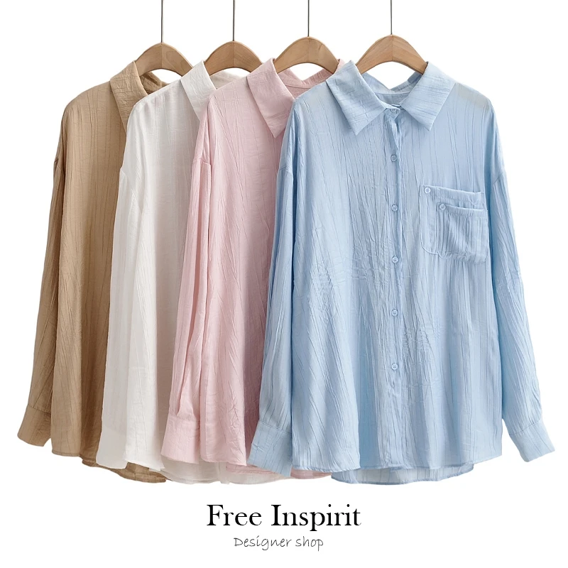 

Women's Causal Style Blouse Solid Color Turn-down Collar Full Sleeve Double Pockets Design Single Breasted Casual Loose Shirts