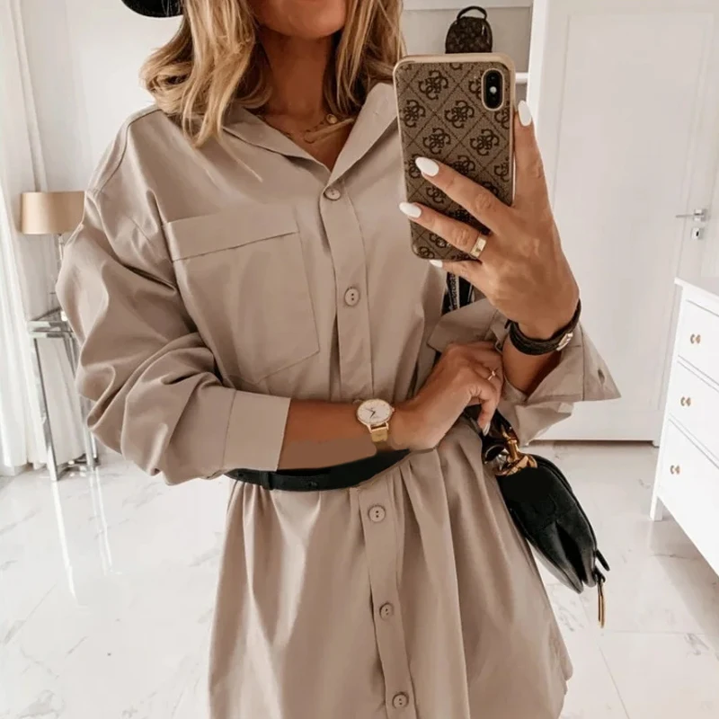 

Women Elegant A Line Sashes Fashion Dress Solid Color Long Sleeve Autumn OL Vintage Dress Front Pockets Turn Down Collar Dress