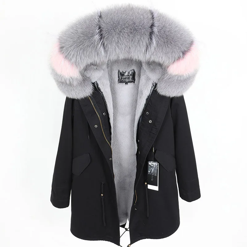 

2021 Ladies Winter Jacket Natural Fox Fur Collar Warm Loose Black Faux Fur Liner Long Parka Real Fur Coat Detachable