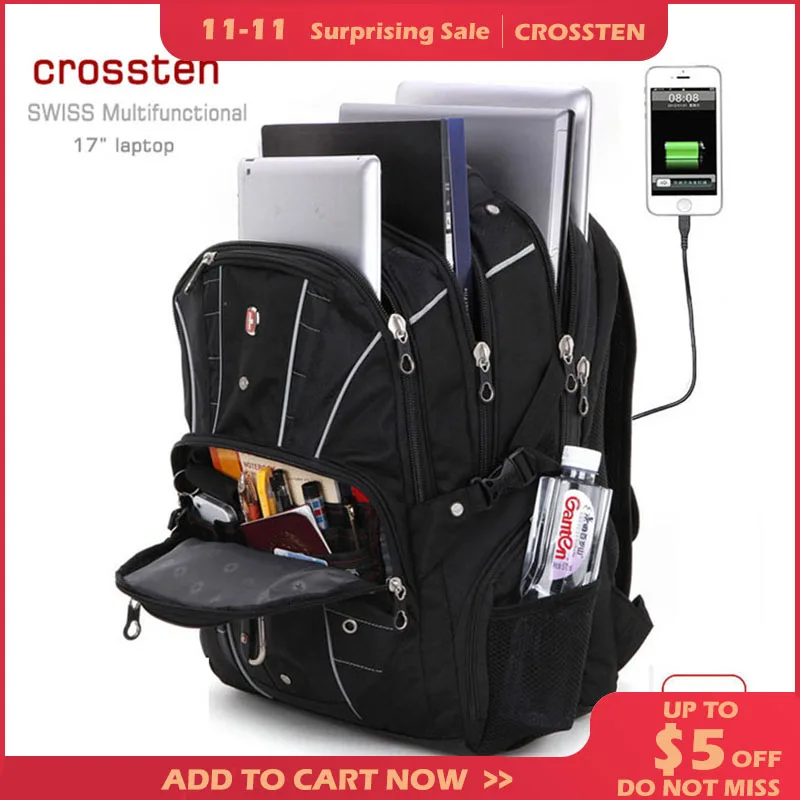 

Crossten Swiss-Multifunctional USB Charging Port 17 inch Laptop Backpack Water Resistant Anti-theft lock Travel bag Schoolbag