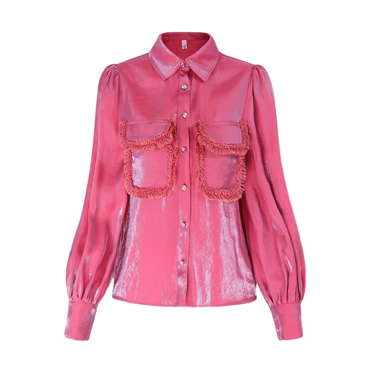 

Elegant Ladies High Fashion Blouse Women Shirts Tops Chic Pocket Tassels Tops Women Autumn Spring Vintage Women Clothing SL038