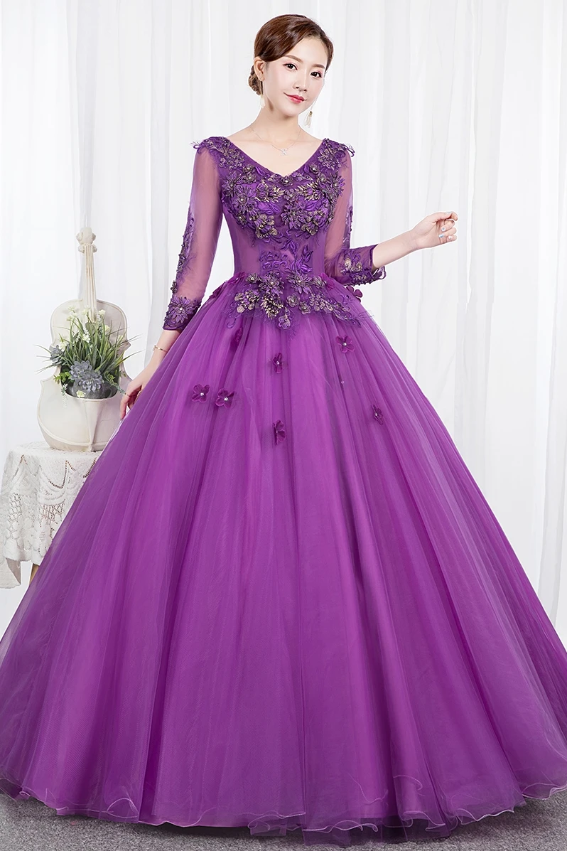 

Purple Quinceanera Dresses Lace Appliques Long Sleeve Plus Size Ball Gown Sweet 16 Dress Lace Up Back Prom Vestido De 15 Anos