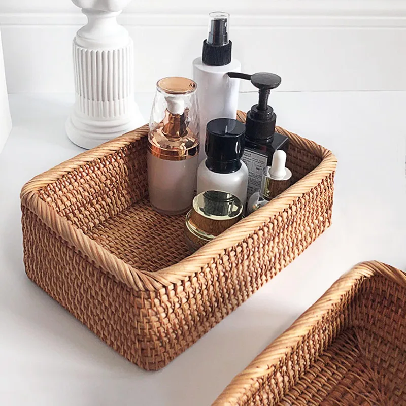 

Hand-Woven Rectangular Rattan Wicker Basket Fruit Tea Snack Bread Picnic Cosmetic Storage Box Kitchen Supplies Household Tools