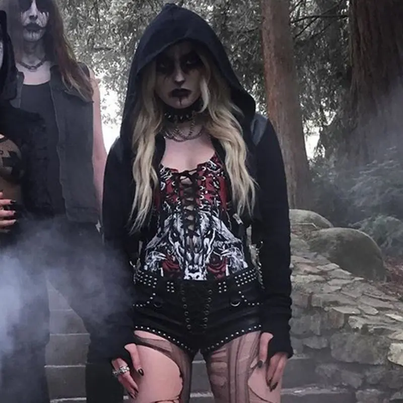 Готический стиль панк короткий длинный рукав толстовка с капюшоном хип хоп