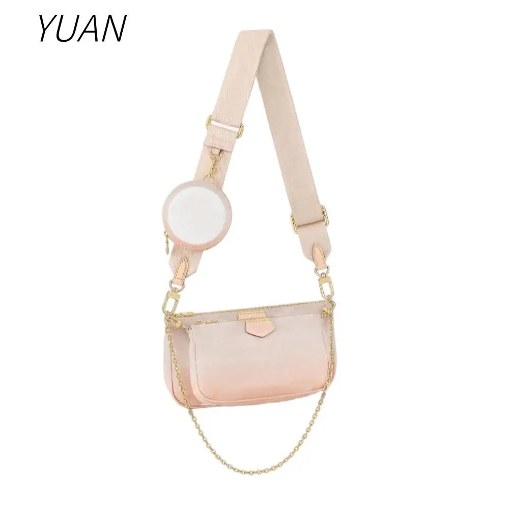 

3-in-1 Womens Canvas Leather Summer Versatile Multi Pochette Jacquard Strap Gold Chains Shoulder Bag Coin Purse Pouch Handbag