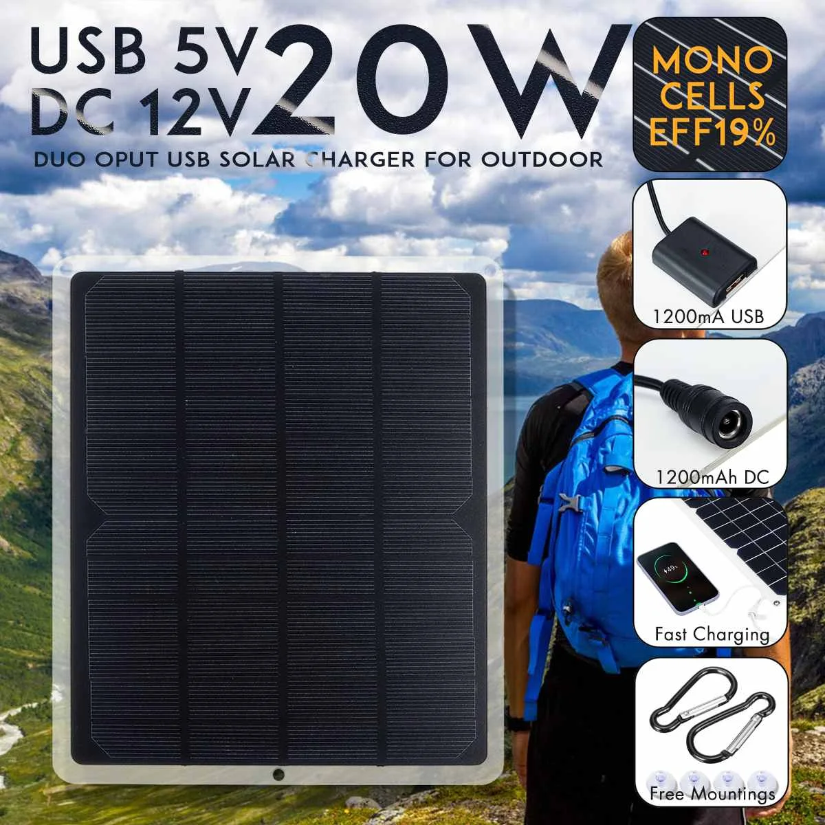 

New 12V 20W Portable Solar Panel Waterproof USB Monocrystalline Solar Panel with Car Charger for Outdoor Camping