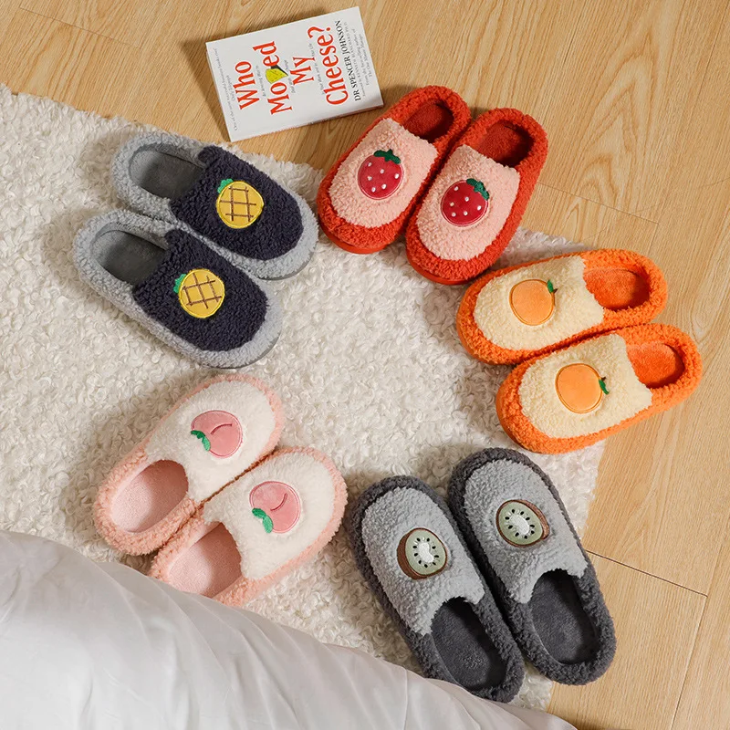 Cotton Slippers Female Autumn And Winter Fruit Pattern Cute Girl Heart Ins Trendy Home Indoor Non-slip Plush Warm Shoes For Men