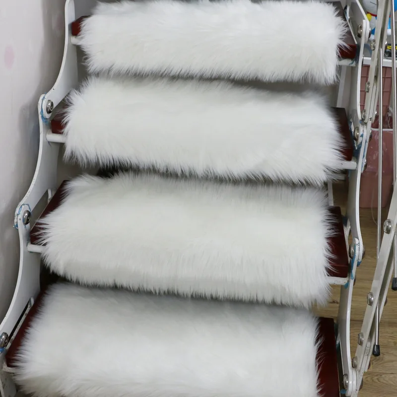 13Pcs Soft Stairs Carpet Long Plush Faux Wool Rug Non Slip Rectangle Stair Tread Mats Step Rug Carpet Protection Cover