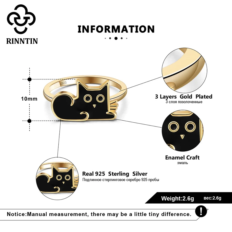 

Rinntin 100% 925 Sterling Silver Gold Plated Black Enamel Craft Cat Shape Lovely Finger Ring Accessories For Female TEQR06