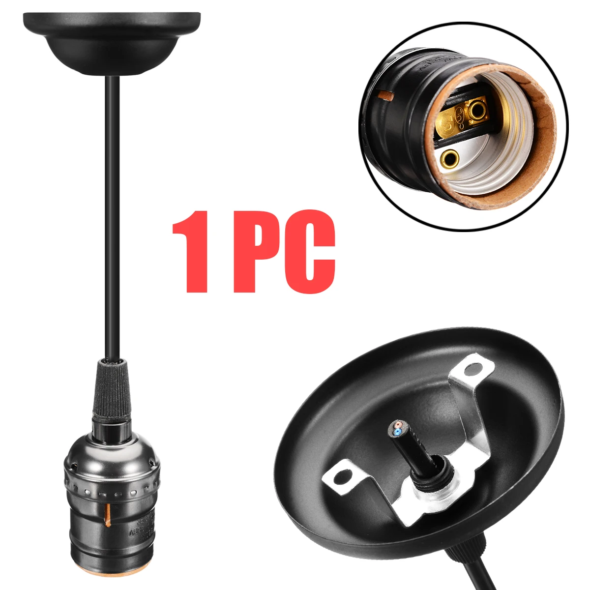 

1Pcs 110 - 220V Black Ceiling Pendant Lamp Light Base Socket E27 Screw Bulb Holder with Wire Pendant Lamp Holder