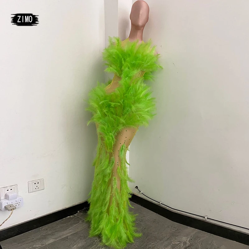 

fashion Green Feather Dresses for Women Sexy See-througth Mesh Outfits Dress Nightclub Party birthday Stage Wear Singer Costumes