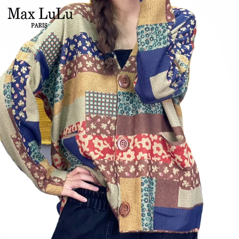 

Max LuLu Winter Cardigans 2021 Vintage Loose Casual V-neck Sweater Women Floral Printed Knitwear Lady Vintage Harajuku Clothes