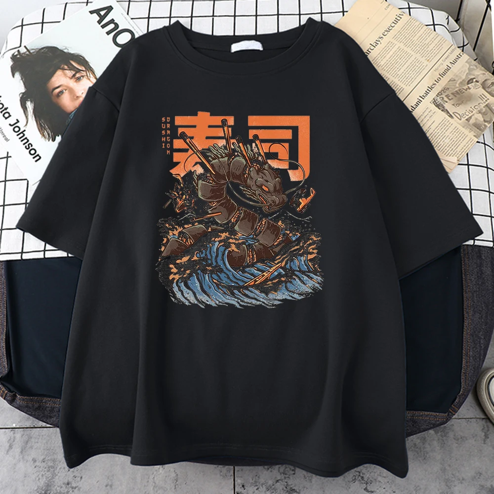 Japan Ukiyo E Style Sushi Dragon T-Shirts Men Individual Design Men T Shirt Casual Vintage Tee Tops Men Short Sleeve Men Tshirts