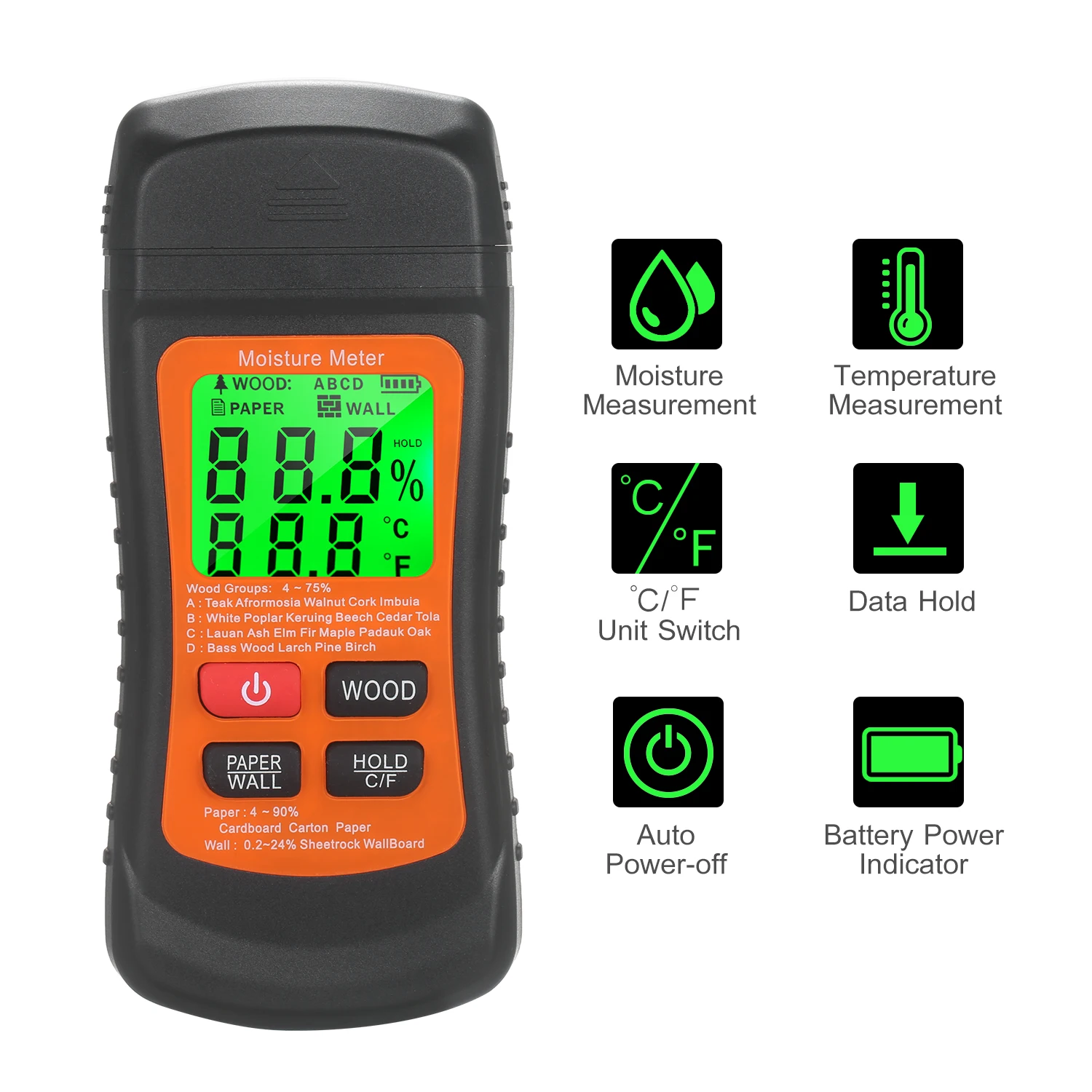 

Wood Moisture Meter LCD Digital Damp Moisture Tester with Green Backlight Pin Type Water Leak & Moisture Detector