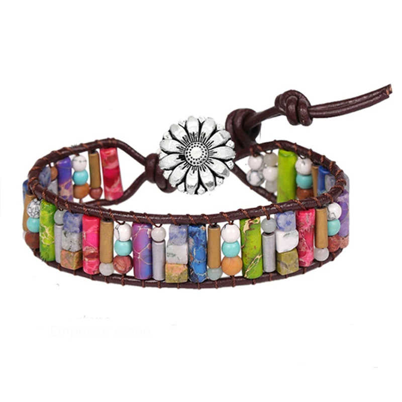 

Chakra Bracelet Jewelry Handmade Multi Color Natural Stone Tube Beads Leather Wrap Bracelet Couples Bracelets Creative Gifts