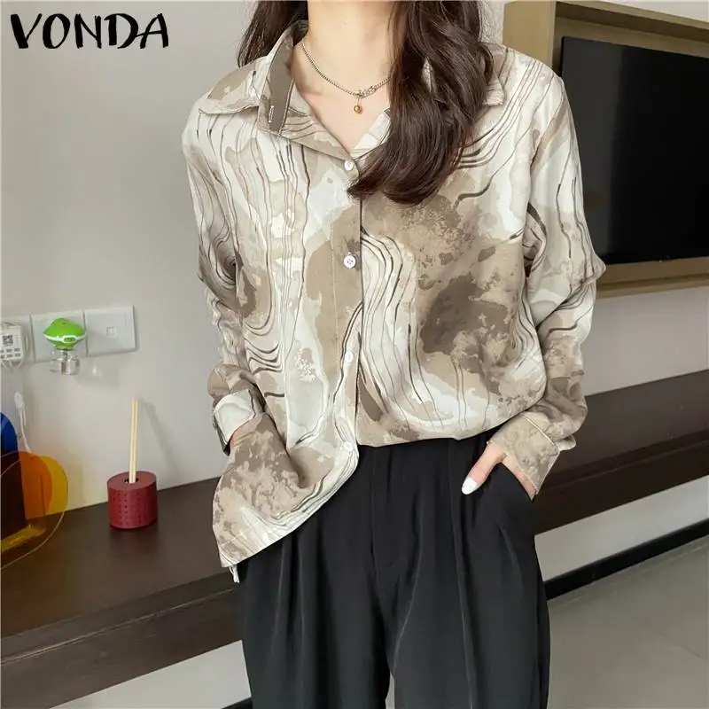 

Осенние праздвечерние чные рубашки 2022 VONDA, женские винтажные цветные Блузы с принтом, Женские топы с длинным рукавом, отложным воротником и ...