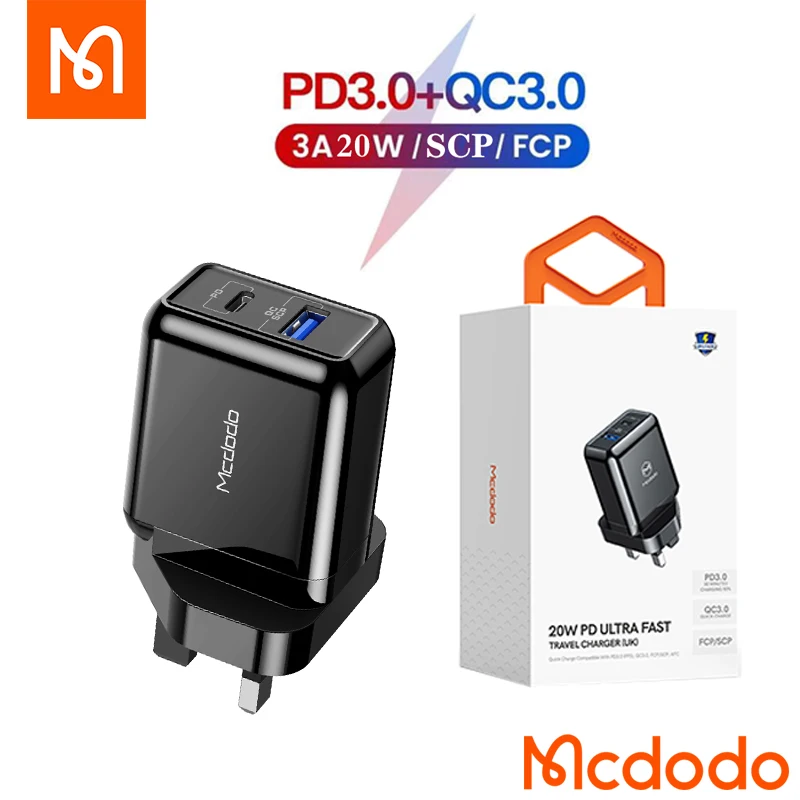 

Mcdodo UK Plug 20W PD+QC3.0 Charger USB-C Quick Charge For IPhone 8 Plus Xr Max 11 Por iPad Huawei Xiaomi Portable Phone Charger