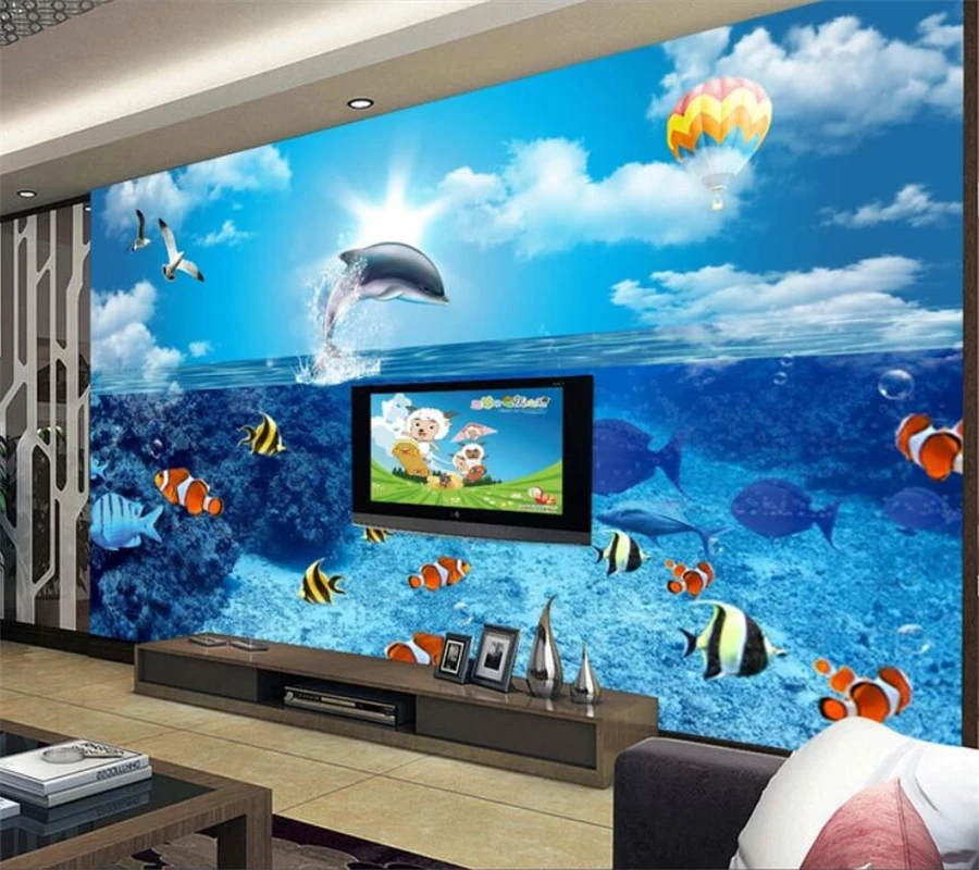 Купить «Настенные обои на заказ, 3D рисунок под водой, дельфин, рыба ...