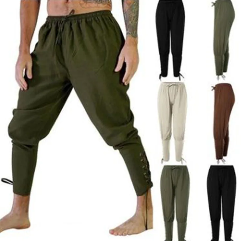 

Adult Man Medieval Viking Pirate Cosplay Costume Lace-Up Bandage Pants Larp Capris Trousers Vintage Woven Cotton Joggers For Men