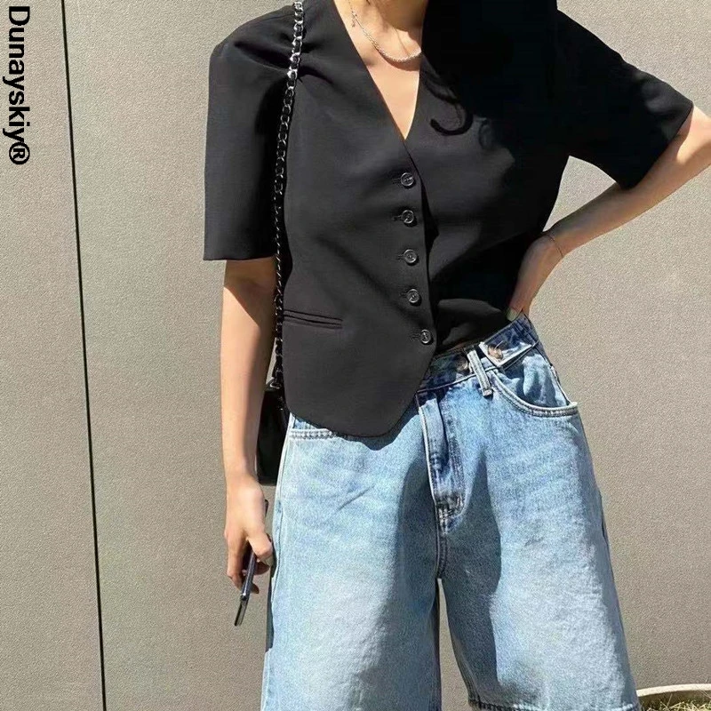 

Suits jacket 2021 Summer Women Sweet Blazers Coats Short Sleeve V-Neck Single Breasted Blazer Female Vacation Casual Black coat