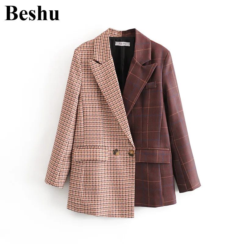 Женский блейзер с большими лацканами za клетчатый двумя пуговицами и карманами