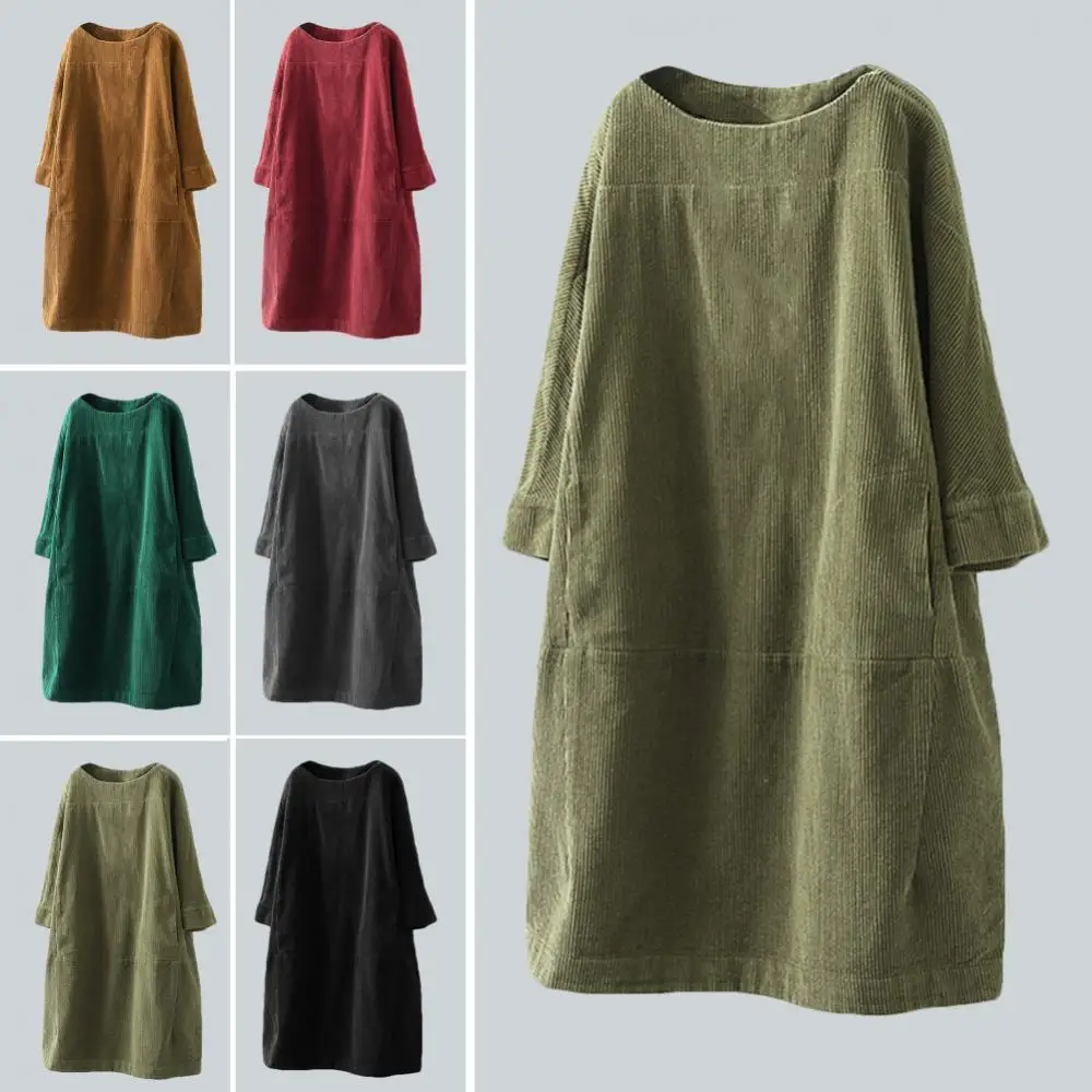 

Women Dresses Fashion Autumn Winter Casual Warm Solid Color Pockets Corduroy Loose Midi Dress robe femme 2021