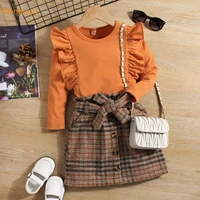 fashion girls solid ruched knitting top shirts plaid belt skirts toddler kids clothes children set 2pcs 18m 6y drop shipping