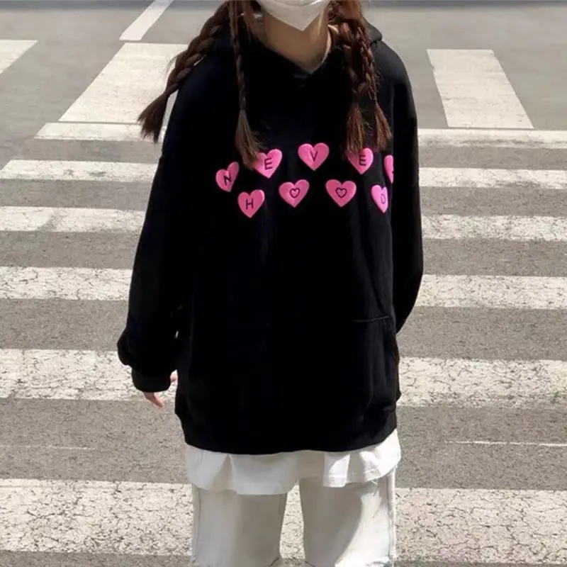 

Women's Korean Fashion Polo Hoodie Kawaii Heart Print Graphic Sweatshirts Harajuku Loose Oversized Thick Pullovers