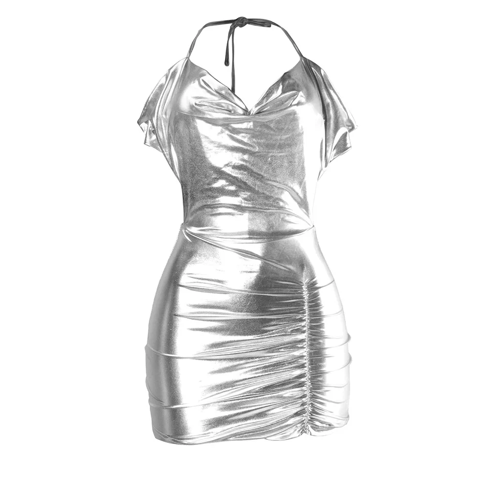 

New Sexy Sling Halter Neck Metal Coating Sleeveless Leaky Back Mini Shiny Bronzing Dress Sexy Dresses for Women