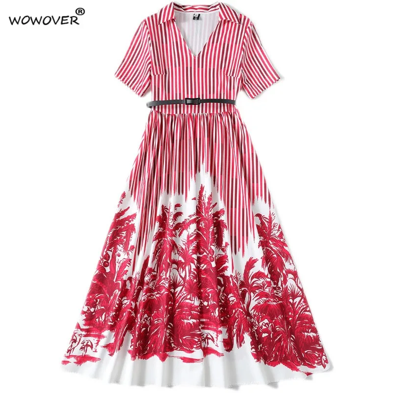 

Women's Fashion Summer Style Runway Short Sleeve Striped Print Midi Holiday Dress Elegant Female Clothes Vintage Party Vestidos