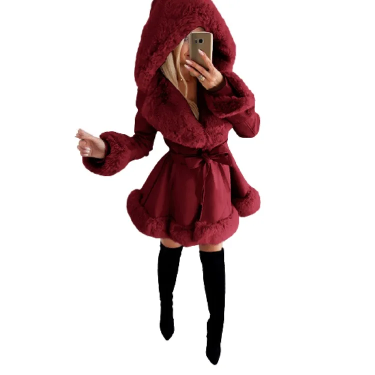 Winter PU Leather Hooded Jackets Women Fashion Ruffled Hem Coats Bandage Elegant Solid Faux Fur Warm Jackets Female Overcaot New