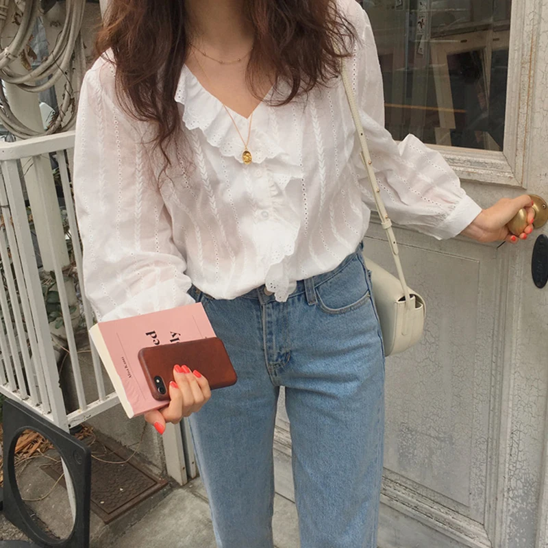 

2021 Spring Korean Style Solid Cotton Simple Womens Tops and Blouses Sweet Ruffled V-neck Long Sleeve Shirt Women Ladies Tops