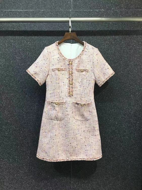 

Женское платье с коротким рукавом, юбка с круглым вырезом, карманами, пуговицами и блестками, 098, новинка 2021