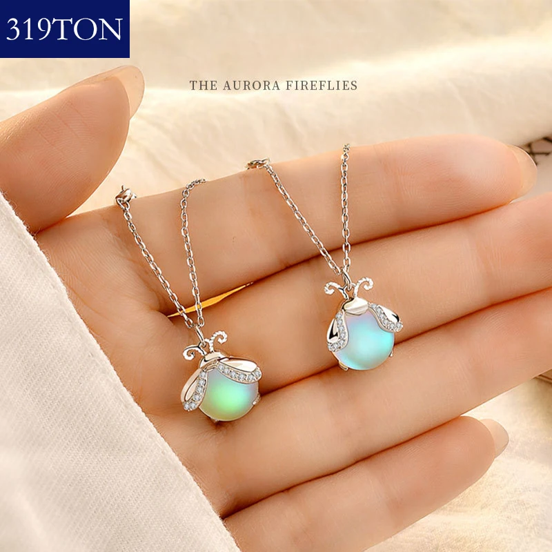 

319TON vintage Silver 925 jewelry firefly Moonstone pendants necklace Female necklaces for women accessories grils birthday gift