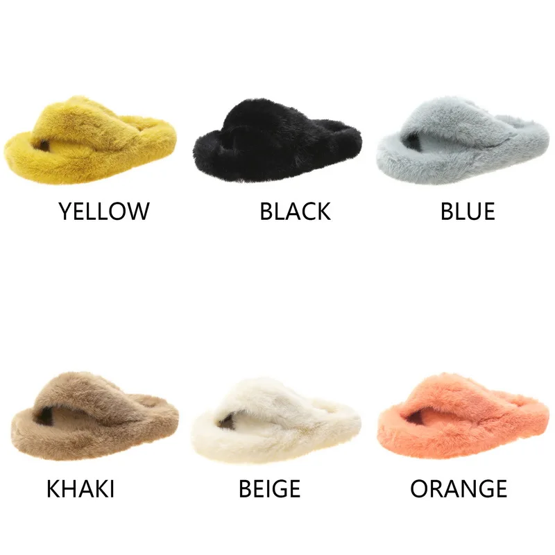

New Women Furry Fur Slippers Soft Faux Fur Slides Ladies Plush Fluffy Winter Warm House Cross Non-slip Thick Bottom Flat Sandals